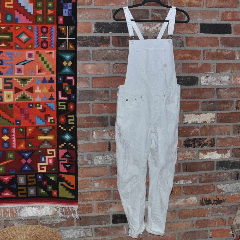 G-Star Raw Arc 3D Boyfriend Paint Splatter Distressed White Denim Overalls S
